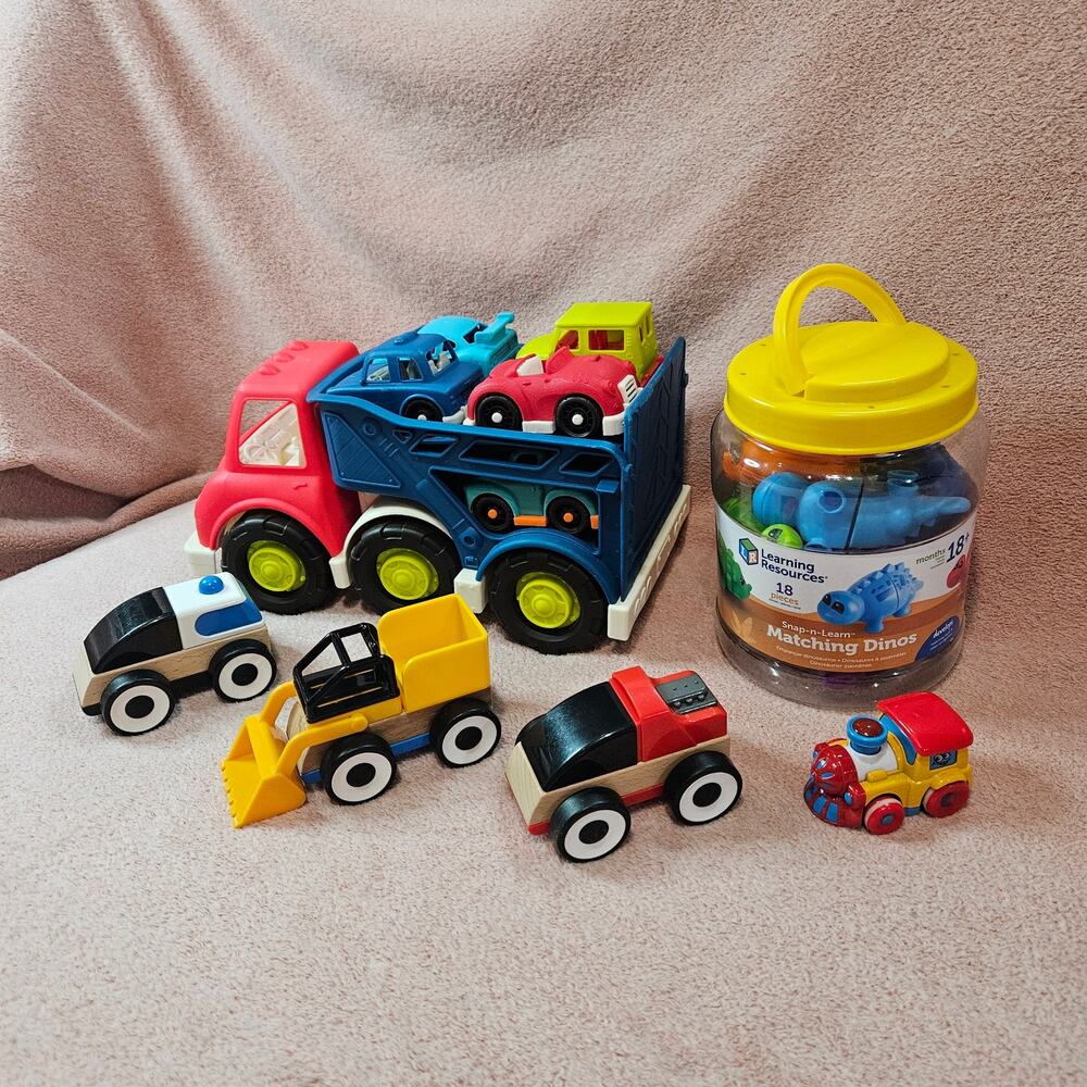Happy Cruisers Car Carrier Truck, 10 Toy Cars, & Snap-n-Learn Matching Dinos Set